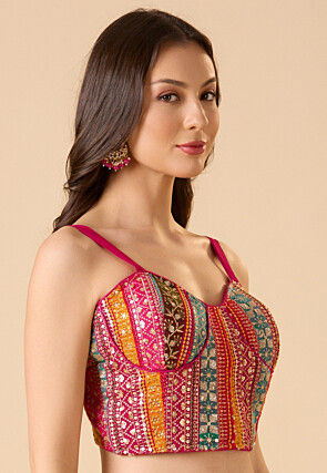 Embroidered Georgette Corset Blouse in Fuchsia