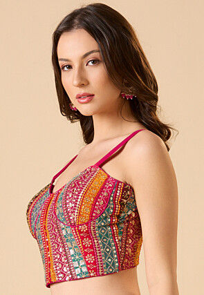 Embroidered Georgette Corset Blouse in Fuchsia