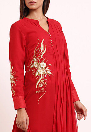 Embroidered Georgette Cowl Style Kurta in Red