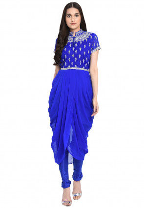 Embroidered Georgette Cowl Style Kurta in Royal Blue