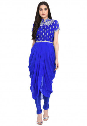 Embroidered Georgette Cowl Style Kurta Set in Royal Blue