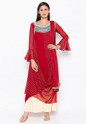 Embroidered Georgette Cowl Style Pakistani Suit in Maroon and Beige ...