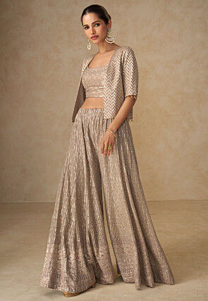 Embroidered Georgette Crop Top Set in Beige