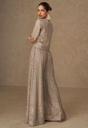 Embroidered Georgette Crop Top Set in Beige