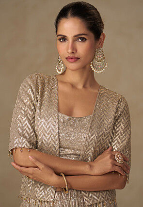 Embroidered Georgette Crop Top Set in Beige