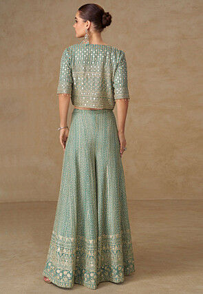 Embroidered Georgette Crop Top Set  in Dusty Green