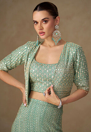 Embroidered Georgette Crop Top Set  in Dusty Green