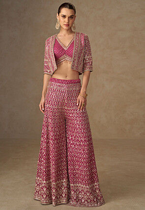 Embroidered Georgette Crop Top Set in Fuchsia