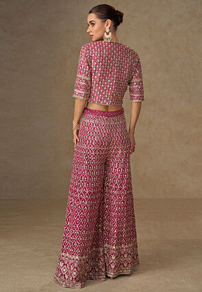Embroidered Georgette Crop Top Set in Fuchsia