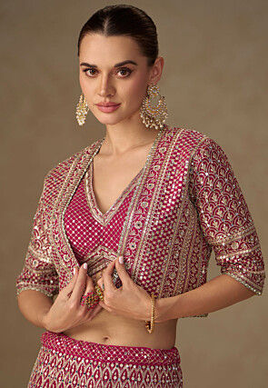 Embroidered Georgette Crop Top Set in Fuchsia
