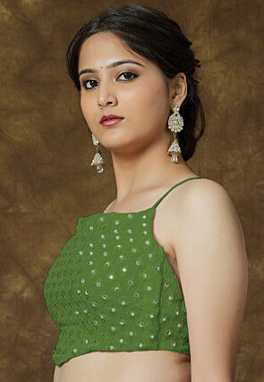 Embroidered Georgette Crop Top in Green