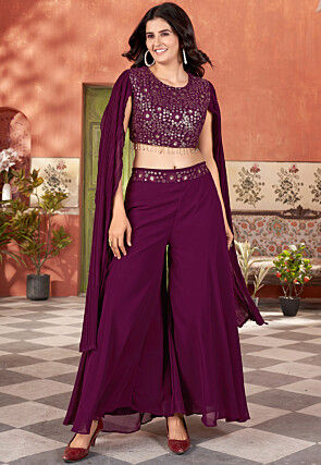 Embroidered Georgette Crop Top in Purple
