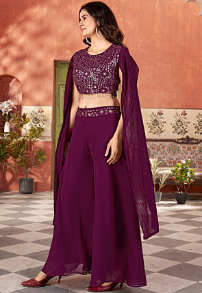 Embroidered Georgette Crop Top in Purple