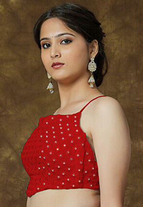 Embroidered Georgette Crop Top in Red