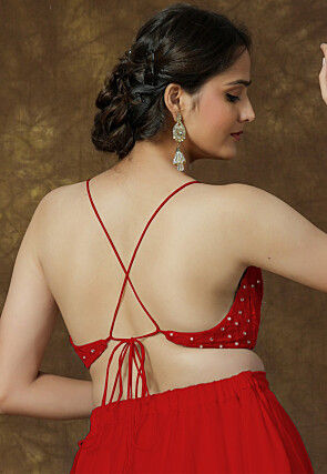 Embroidered Georgette Crop Top in Red