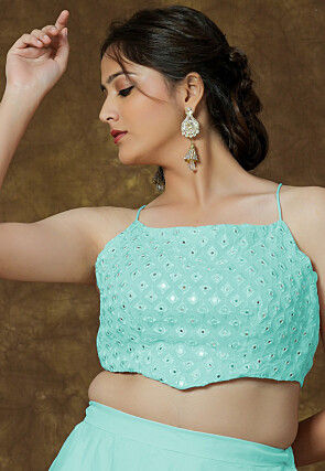 Embroidered Georgette Crop Top in Turquoise