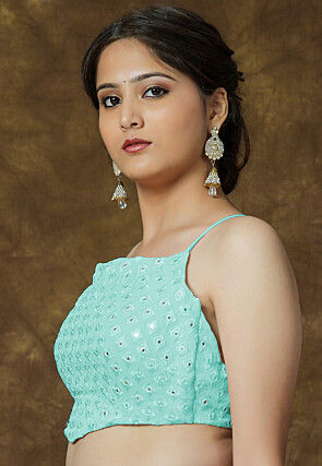 Embroidered Georgette Crop Top in Turquoise
