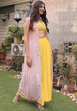 Embroidered Georgette Crop Top Jacket Set in Yellow