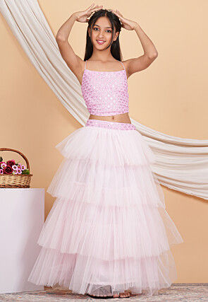 Embroidered Georgette Crop Top Set in Baby Pink