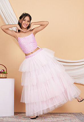 Embroidered Georgette Crop Top Set in Baby Pink