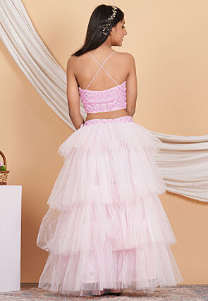 Embroidered Georgette Crop Top Set in Baby Pink