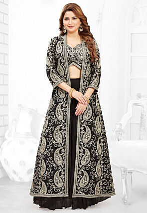 Embroidered Georgette Crop Top Set in Black