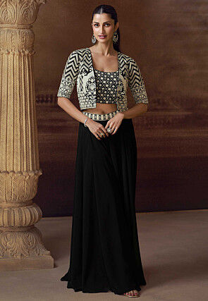 Embroidered Georgette Crop Top Set in Black