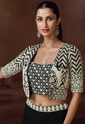 Embroidered Georgette Crop Top Set in Black