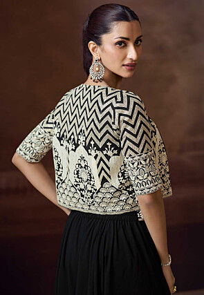 Embroidered Georgette Crop Top Set in Black