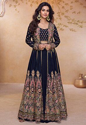 Embroidered Georgette Crop Top Set in Navy Blue