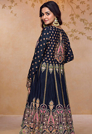 Embroidered Georgette Crop Top Set in Navy Blue