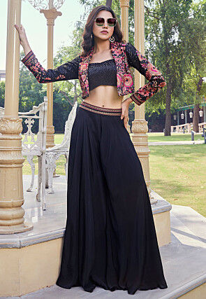 Embroidered Georgette Crop Top Set in Black