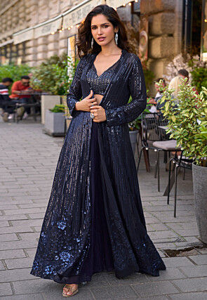 Embroidered Georgette Crop Top Set in Dark Blue