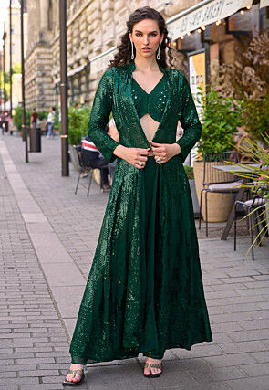 Embroidered Georgette Crop Top Set in Dark Green