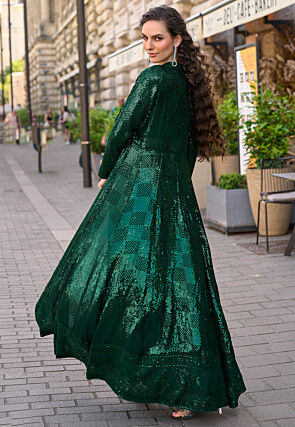 Embroidered Georgette Crop Top Set in Dark Green