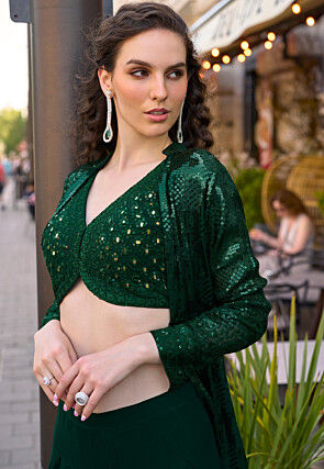 Embroidered Georgette Crop Top Set in Dark Green