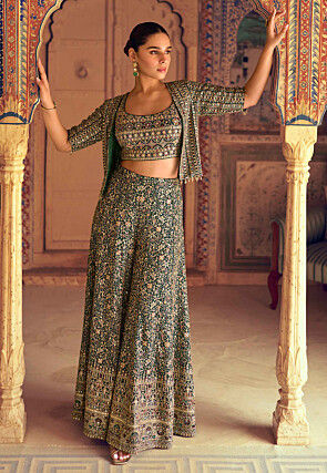 Embroidered Georgette Crop Top Set in Dark Green
