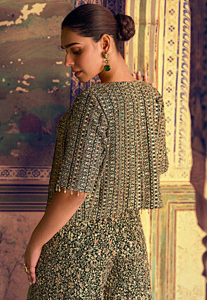 Embroidered Georgette Crop Top Set in Dark Green