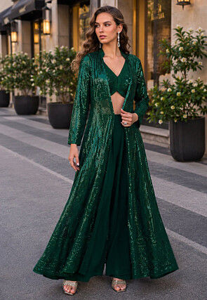 dark green indo western dress for women Georgette Dress Dark Green Indo Western Dress Lehenga Designs Western Lehenga Online Novel Dark Green Festive