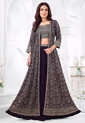 Embroidered Georgette Crop Top Set in Dark Purple