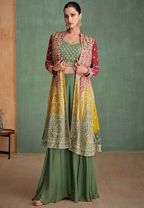 Embroidered Georgette Crop Top Set in Dusty Green