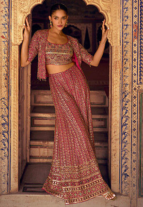 Embroidered Georgette Crop Top Set in Fuchsia