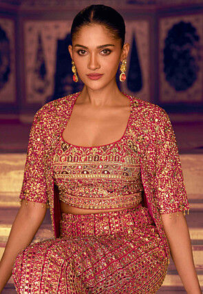 Embroidered Georgette Crop Top Set in Fuchsia