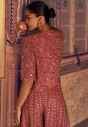 Embroidered Georgette Crop Top Set in Fuchsia