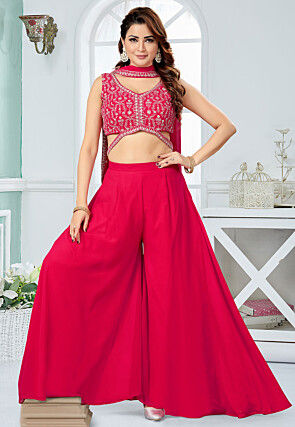 Embroidered Georgette Crop Top Set in Fuchsia