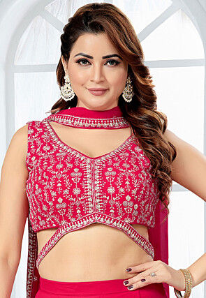 Embroidered Georgette Crop Top Set in Fuchsia