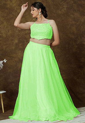 Embroidered Georgette Crop Top Set in Green
