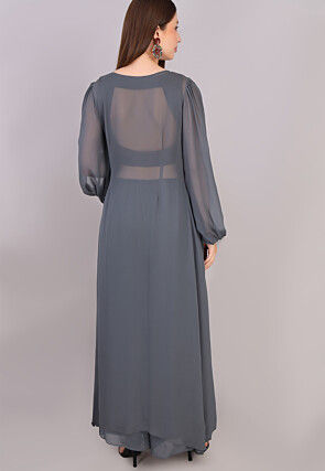 Embroidered Georgette Crop Top Set in Grey