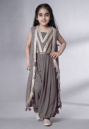 Embroidered Georgette Crop Top Set in Grey