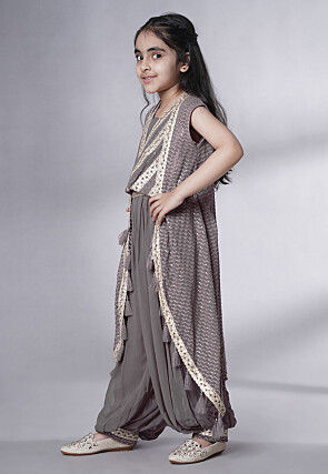 Embroidered Georgette Crop Top Set in Grey